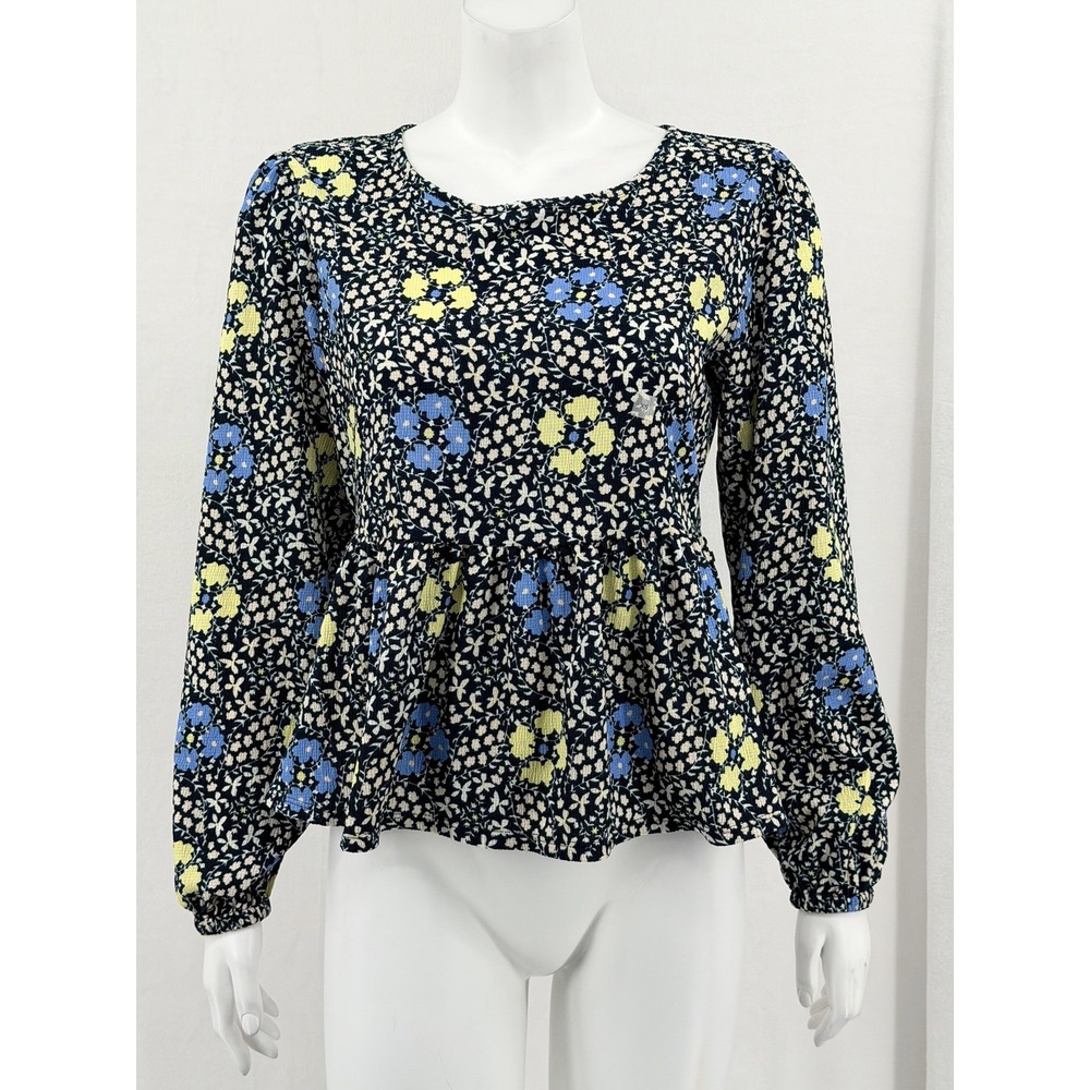 Ann Taylor Loft Top Womens XS Navy Floral Peplum Long Sleeve Spring Boho NWT‎